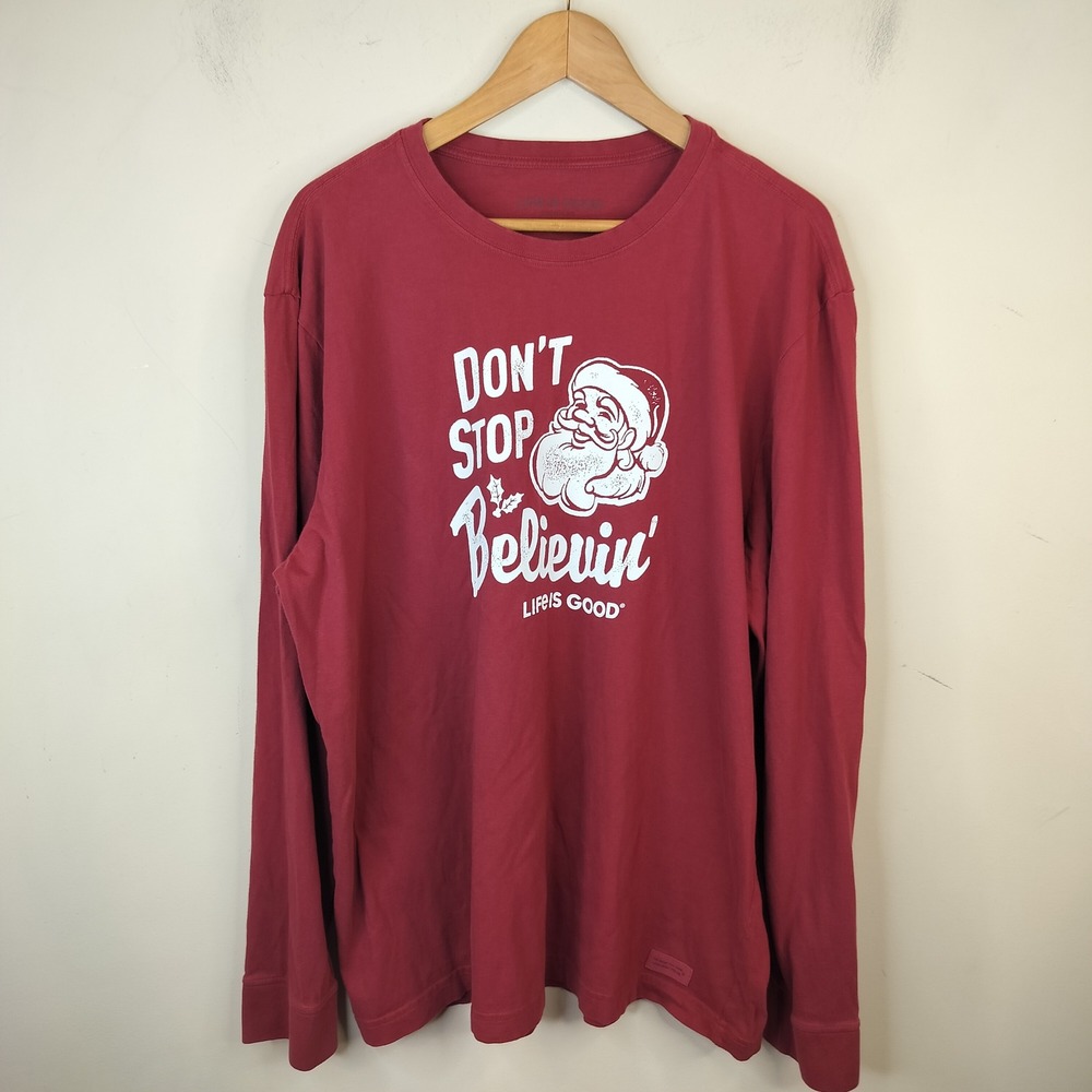 Life is Good Crusher Tee Mens XL Santa Graphic Christmas Holiday Red Long Sleeve
